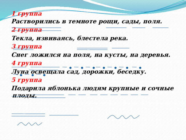  1 группа Растворились в темноте рощи, сады, поля. 2 группа Текла, извиваясь, блестела река. 3 группа Снег ложился на поля, на кусты, на деревья. 4 группа Луна освещала сад, дорожки, беседку. 5 группа Подарила яблонька людям крупные и сочные плоды.          