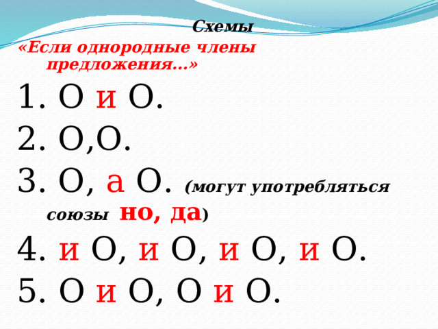  Схемы «Если однородные члены предложения…» 1. О и О. 2. О,О. 3. О, а О.  (могут употребляться союзы но, да ) 4. и О, и О, и О, и О. 5. О и О, О и О. 