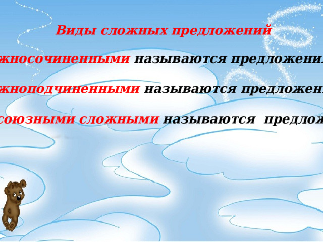 Виды сложных предложений Сложносочиненными называются предложения...  Сложноподчиненными называются предложения...  Бессоюзными сложными называются предложения...     