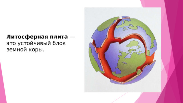 Литосферная плита — это устойчивый блок земной коры. 