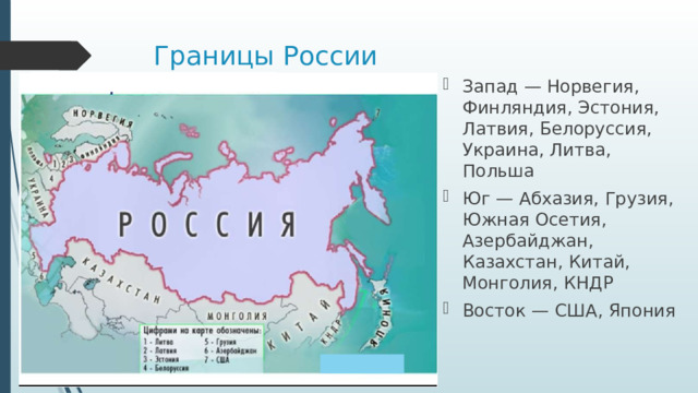 Границы России Запад — Норвегия, Финляндия, Эстония, Латвия, Белоруссия, Украина, Литва, Польша Юг — Абхазия, Грузия, Южная Осетия, Азербайджан, Казахстан, Китай, Монголия, КНДР Восток — США, Япония 