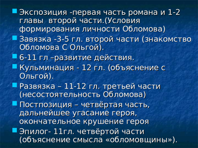 Экспозиция -первая часть романа и 1-2 главы второй части.(Условия формирования личности Обломова) Завязка -3-5 гл. второй части (знакомство Обломова С Ольгой). 6-11 гл –развитие действия. Кульминация - 12 гл. (объяснение с Ольгой). Развязка – 11-12 гл. третьей части (несостоятельность Обломова) Постпозиция – четвёртая часть, дальнейшее угасание героя, окончательное крушение героя Эпилог- 11гл. четвёртой части (объяснение смысла «обломовщины»). 