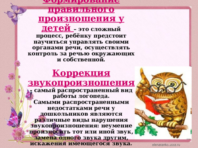 Формирование правильного произношения у детей – это сложный процесс, ребёнку предстоит научиться управлять своими органами речи, осуществлять контроль за речью окружающих и собственной.   Коррекция звукопроизношения - самый распространенный вид работы логопеда.  Самыми распространенными недостатками речи у дошкольников являются различные виды нарушения звукопроизношения: неумение произносить тот или иной звук, замена одного звука другим, искажения имеющегося звука.   