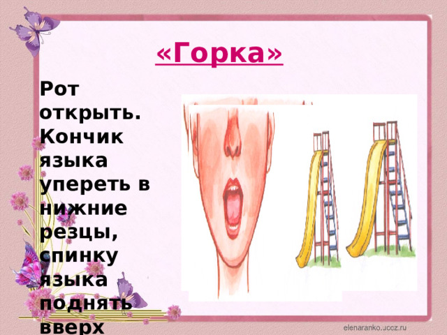 «Горка»  Рот открыть. Кончик языка упереть в нижние резцы, спинку языка поднять вверх 