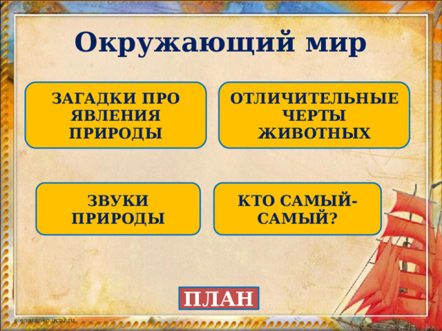 Окружающий мир ОТЛИЧИТЕЛЬНЫЕ ЧЕРТЫ ЖИВОТНЫХ ЗАГАДКИ ПРО ЯВЛЕНИЯ ПРИРОДЫ ЗВУКИ ПРИРОДЫ КТО САМЫЙ-САМЫЙ? ПЛАН 