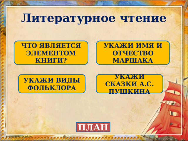 Литературное чтение УКАЖИ ИМЯ И ОТЧЕСТВО МАРШАКА ЧТО ЯВЛЯЕТСЯ ЭЛЕМЕНТОМ КНИГИ? УКАЖИ ВИДЫ ФОЛЬКЛОРА УКАЖИ СКАЗКИ А.С. ПУШКИНА ПЛАН 
