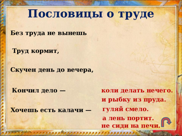 Пословицы о труде Без труда не вынешь Труд кормит, Скучен день до вечера, коли делать нечего. Кончил дело — и рыбку из пруда. гуляй смело. Хочешь есть калачи — а лень портит. не сиди на печи. 