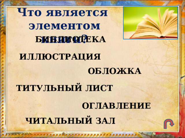 Что является элементом книги? БИБЛИОТЕКА ИЛЛЮСТРАЦИЯ ОБЛОЖКА ТИТУЛЬНЫЙ ЛИСТ ОГЛАВЛЕНИЕ ЧИТАЛЬНЫЙ ЗАЛ 