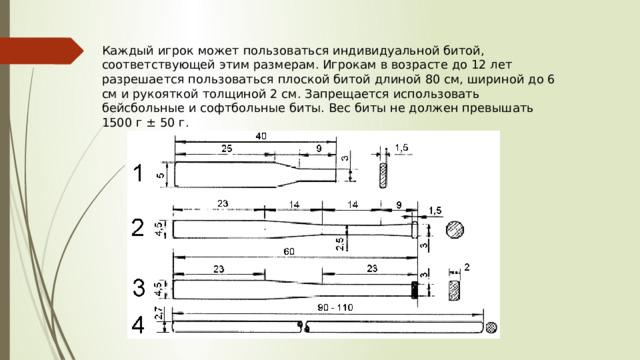 Каждый игрок может пользоваться индивидуальной битой, соответствующей этим размерам. Игрокам в возрасте до 12 лет разрешается пользоваться плоской битой длиной 80 см, шириной до 6 см и рукояткой толщиной 2 см. Запрещается использовать бейсбольные и софтбольные биты. Вес биты не должен превышать 1500 г ± 50 г. 