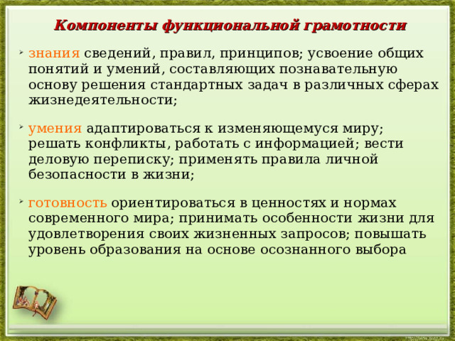 Компоненты функциональной грамотности знания сведений, правил, принципов; усвоение общих понятий и умений, составляющих познавательную основу решения стандартных задач в различных сферах жизнедеятельности; умения адаптироваться к изменяющемуся миру; решать конфликты, работать с информацией; вести деловую переписку; применять правила личной безопасности в жизни; готовность ориентироваться в ценностях и нормах современного мира; принимать особенности жизни для удовлетворения своих жизненных запросов; повышать уровень образования на основе осознанного выбора  