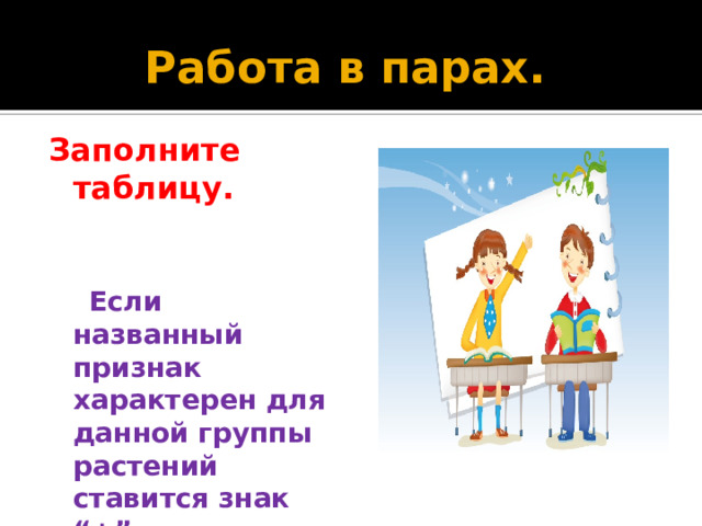 Работа в парах. Заполните таблицу.  Если названный признак характерен для данной группы растений ставится знак “+”,  если нет, то “-” 