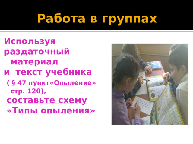 Работа в группах Используя раздаточный материал и текст учебника  ( § 47 пункт«Опыление» стр. 120),  составьте схему  «Типы опыления» 