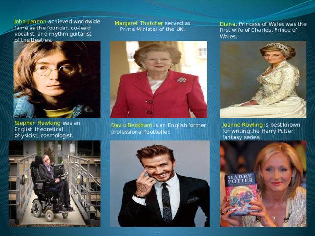 John Lennon achieved worldwide fame as the founder, co-lead vocalist, and rhythm guitarist of the Beatles. Margaret Thatcher served as Prime Minister of the UK. Diana , Princess of Wales was the first wife of Charles, Prince of Wales. Stephen Hawking  was an English theoretical physicist, cosmologist. Joanne Rowling is best known for writing the Harry Potter fantasy series. David Beckham is an English former professional footballer. 