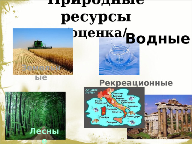 Природные ресурсы  /оценка/ Водные Земельные Рекреационные Лесные 