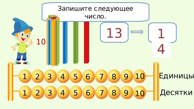 Запишите следующее число. 13 14 10 Единицы 10 1 7 4 2 9 8 3 6 5 Десятки 1 4 3 2 9 8 7 6 5 10 