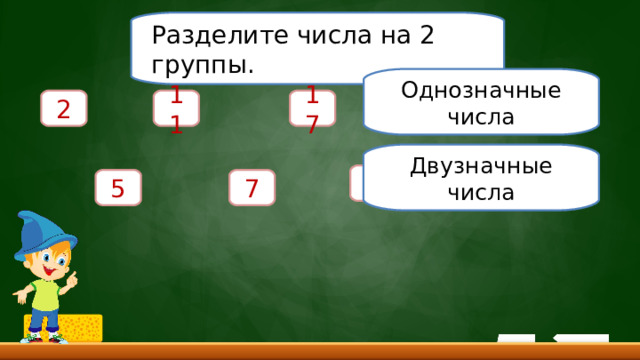 Разделите числа на 2 группы. Однозначные числа 2 9 1 1 1 7 20 Двузначные числа 43 0 5 7 