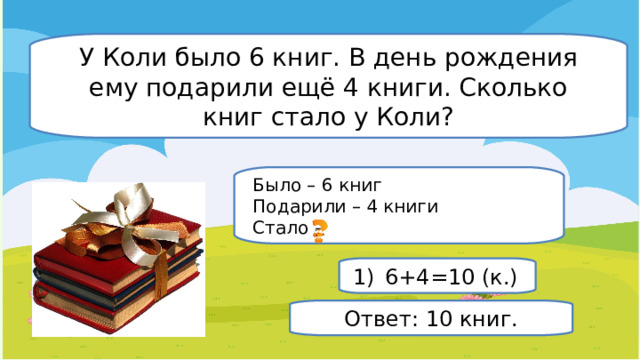 У Коли было 6 книг. В день рождения ему подарили ещё 4 книги. Сколько книг стало у Коли? Было – 6 книг Подарили – 4 книги Стало – 6 + 4 = 10 ( к. ) Ответ: 10 книг. 