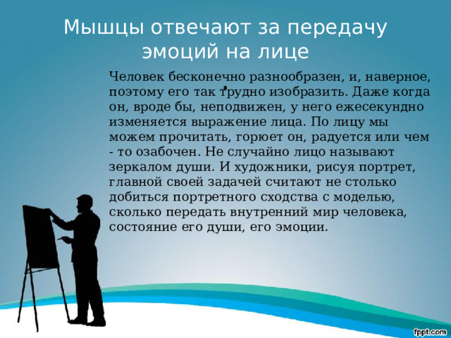   Мышцы отвечают за передачу эмоций на лице  . Человек бесконечно разнообразен, и, наверное, поэтому его так трудно изобразить. Даже когда он, вроде бы, неподвижен, у него ежесекундно изменяется выражение лица. По лицу мы можем прочитать, горюет он, радуется или чем - то озабочен. Не случайно лицо называют зеркалом души. И художники, рисуя портрет, главной своей задачей считают не столько добиться портретного сходства с моделью, сколько передать внутренний мир человека, состояние его души, его эмоции. 