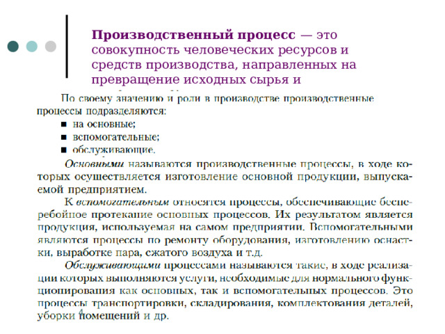 Производственный процесс — это совокупность человеческих ресурсов и средств производства, направленных на превращение исходных сырья и материалов в готовую продукцию. 3 