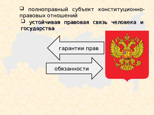  полноправный субъект конституционно-правовых отношений  устойчивая правовая связь человека и государства гарантии прав обязанности 