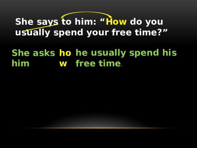 She says to him: “ How do you usually spend your free time?” he usually spend his free time . She asks him how 