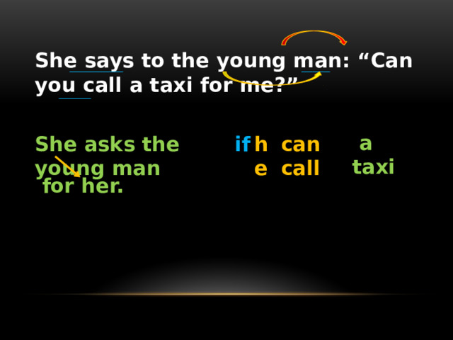 She says to the young man: “Can you call a taxi for me?”  a taxi She asks the young man if he can call for her. 