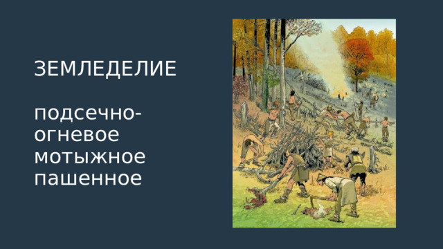 ЗЕМЛЕДЕЛИЕ   подсечно-огневое  мотыжное  пашенное 