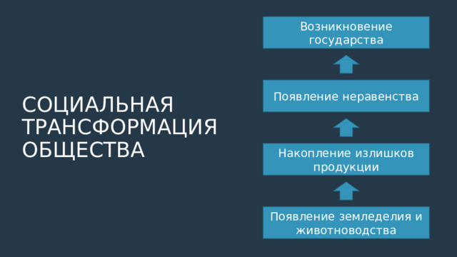 СОЦИАЛЬНАЯ ТРАНСФОРМАЦИЯ ОБЩЕСТВА Возникновение государства Появление неравенства Накопление излишков продукции Появление земледелия и животноводства 