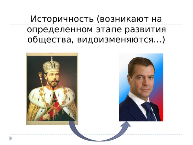 Историчность (возникают на определенном этапе развития общества, видоизменяются…) 