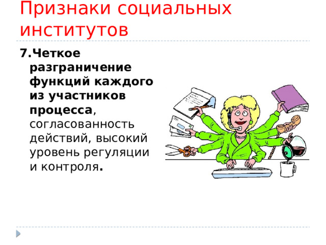 Признаки социальных институтов 7.Четкое разграничение функций каждого из участников процесса , согласованность действий, высокий уровень регуляции и контроля .  