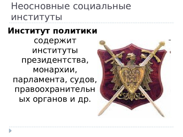 Неосновные социальные институты Институт политики содержит институты президентства, монархии, парламента, судов, правоохранительных органов и др. 
