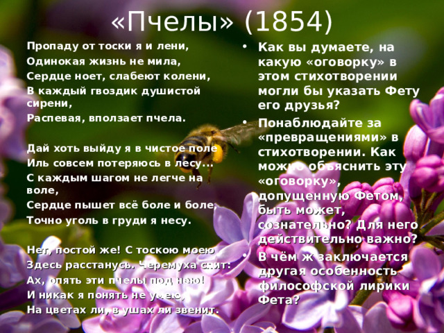 «Пчелы» (1854) Пропаду от тоски я и лени, Одинокая жизнь не мила, Сердце ноет, слабеют колени, В каждый гвоздик душистой сирени, Распевая, вползает пчела.  Дай хоть выйду я в чистое поле Иль совсем потеряюсь в лесу... С каждым шагом не легче на воле, Сердце пышет всё боле и боле, Точно уголь в груди я несу.  Нет, постой же! С тоскою моею Здесь расстанусь. Черемуха спит: Ах, опять эти пчелы под нею! И никак я понять не умею, На цветах ли, в ушах ли звенит. Как вы думаете, на какую «оговорку» в этом стихотворении могли бы указать Фету его друзья? Понаблюдайте за «превращениями» в стихотворении. Как можно объяснить эту «оговорку», допущенную Фетом, быть может, сознательно? Для него действительно важно? В чём ж заключается другая особенность философской лирики Фета? 