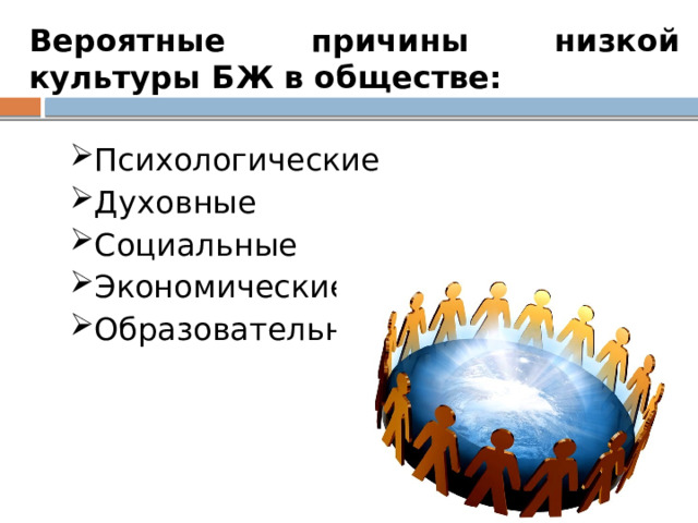 Вероятные причины низкой культуры БЖ в обществе: Психологические Духовные Социальные Экономические Образовательные 