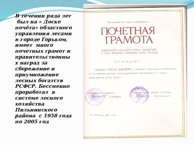 В течении ряда лет был на « Доске почёта» областного управления лесами в городе Горьком, имеет много почетных грамот и правительственных наград за сбережение и приумножение лесных богатств РСФСР. Бессменно проработал в системе лесного хозяйства Пильнинского района с 1958 года по 2005 год 