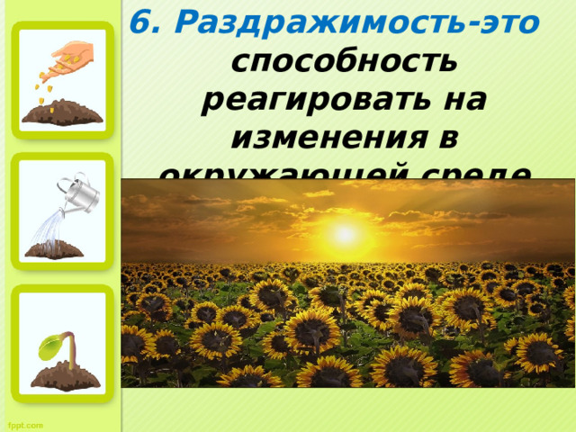 6. Раздражимость-это способность реагировать на изменения в окружающей среде 