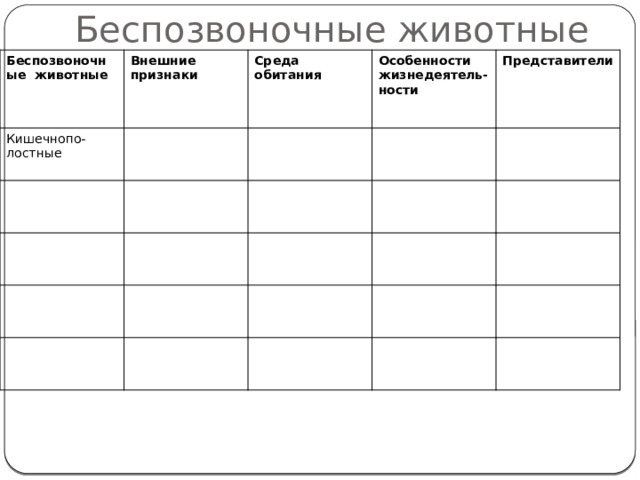 Беспозвоночные животные Беспозвоночные животные Внешние признаки Кишечнопо-лостные Среда обитания Особенности жизнедеятель-ности Представители  