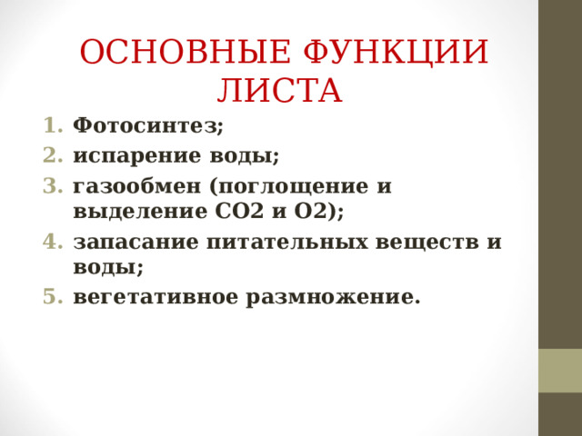  ОСНОВНЫЕ ФУНКЦИИ ЛИСТА   Фотосинтез; испарение воды; газообмен (поглощение и выделение СО2 и О2); запасание питательных веществ и воды; вегетативное размножение. 