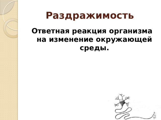 Раздражимость  Ответная реакция организма на изменение окружающей среды. 