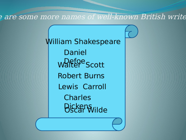 Here are some more names of well-known British writers : William Shakespeare Daniel Defoe Walter Scott Robert Burns Lewis Carroll Charles Dickens Oscar Wilde 