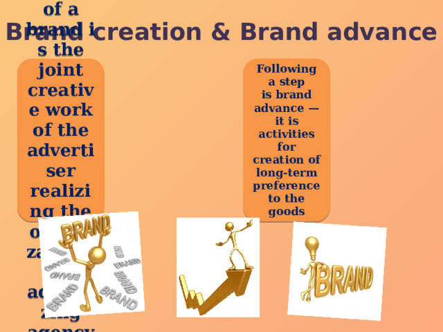 Brand creation & Brand advance   Reasonable creation of a brand is the joint creative work of the advertiser realizing the organizations and advertizing agency Following a step is brand advance — it is activities for creation of long-term preference to the goods 