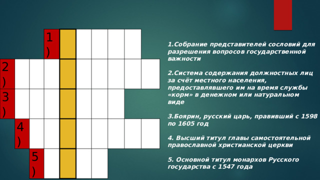     2)   3) 1)   4)     5)             1.Собрание представителей сословий для разрешения вопросов государственной важности  2.Система содержания должностных лиц за счёт местного населения, предоставлявшего им на время службы «корм» в денежном или натуральном виде  3.Боярин, русский царь, правивший с 1598 по 1605 год  4. Высший титул главы самостоятельной православной христианской церкви  5. Основной титул монархов Русского государства с 1547 года 