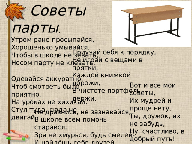  Советы парты . Утром рано просыпайся, Хорошенько умывайся, Чтобы в школе не зевать, Носом парту не клевать. Приучай себя к порядку, Не играй с вещами в прятки, Каждой книжкой дорожи, В чистоте портфель держи. Одевайся аккуратно, Чтоб смотреть было приятно, На уроках не хихикай, Стул туда- сюда не двигай. Вот и все мои советы, Их мудрей и проще нету, Ты, дружок, их не забудь, Ну, счастливо, в добрый путь! Не дразнись, не зазнавайся, В школе всем помочь старайся. Зря не хмурься, будь смелей- И найдёшь себе друзей. 