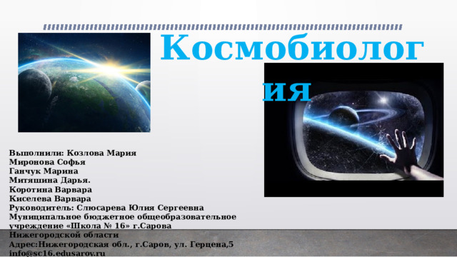 Космобиология  Выполнили: Козлова Мария  Миронова Софья  Ганчук Марина  Митяшина Дарья.  Коротина Варвара  Киселева Варвара  Руководитель: Слюсарева Юлия Сергеевна  Муниципальное бюджетное общеобразовательное учреждение «Школа № 16» г.Сарова Нижегородской области  Адрес:Нижегородская обл., г.Саров, ул. Герцена,5  info@sc16.edusarov.ru 