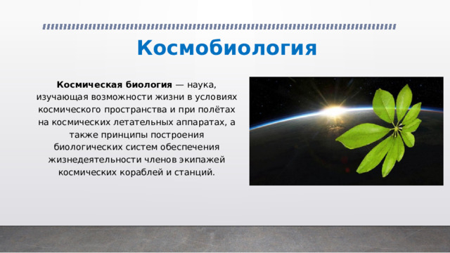 Космобиология  Космическая биология — наука, изучающая возможности жизни в условиях космического пространства и при полётах на космических летательных аппаратах, а также принципы построения биологических систем обеспечения жизнедеятельности членов экипажей космических кораблей и станций. 