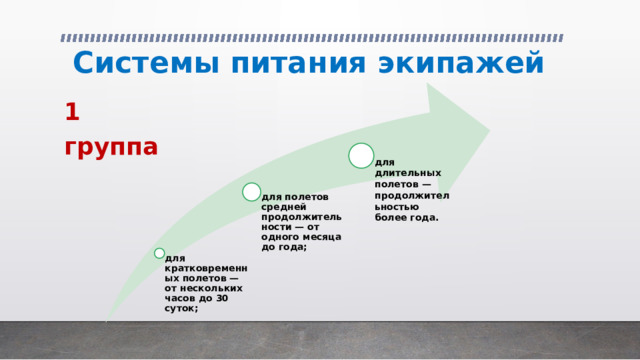 Системы питания экипажей 1 группа для длительных полетов — продолжительностью более года. для полетов средней продолжительности — от одного месяца до года; для кратковременных полетов — от нескольких часов до 30 суток; 