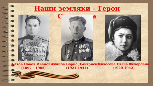Наши земляки – Герои Отечества Батов Павел Иванович Щапов Борис Дмитриевич Колесова Елена Фёдоровна (1897 – 1985) (1921-1944) (1920-1942) 
