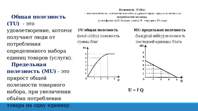 Общая полезность (TU)   - ϶ᴛᴏ удовлетворение, ĸᴏᴛᴏᴩᴏᴇ получают люди от потребления определенного набора единиц товаров (услуги). Предельная полезность (MU)  - ϶ᴛᴏ прирост общей полезности товарного набора, при увеличении объёма потребления товара на одну единицу. 