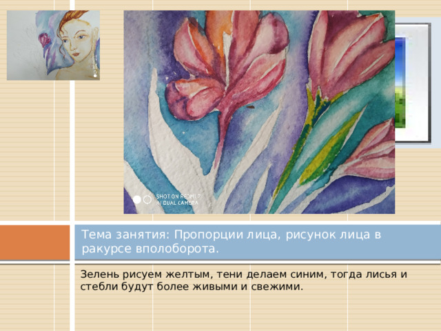 Вставка рисунка Тема занятия: Пропорции лица, рисунок лица в ракурсе вполоборота. Зелень рисуем желтым, тени делаем синим, тогда лисья и стебли будут более живыми и свежими. 