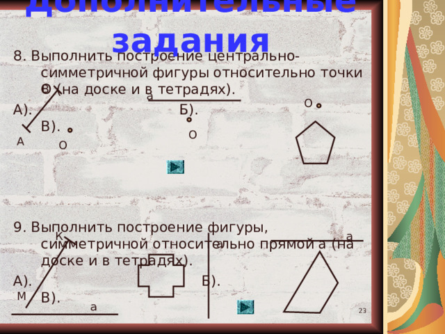Дополнительные задания 8. Выполнить построение центрально-симметричной фигуры относительно точки О (на доске и в тетрадях). А). Б). В). 9. Выполнить построение фигуры, симметричной относительно прямой а (на доске и в тетрадях). А). Б). В). В а О О А О К а а М а  