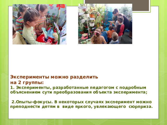   Эксперименты можно разделить  на 2 группы:  1. Эксперименты, разработанные педагогом с подробным объяснением сути преобразования объекта эксперимента;                                  2.Опыты-фокусы. В некоторых случаях эксперимент можно преподнести детям в  виде яркого, увлекающего сюрприза.   